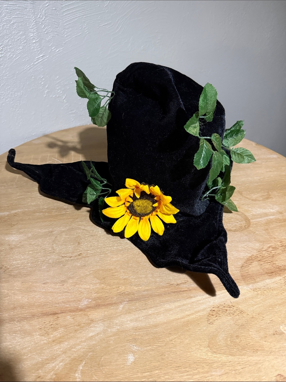 Black Velvet Witch Hat with Yellow Sunflower and Green Leaves - Kids Costume